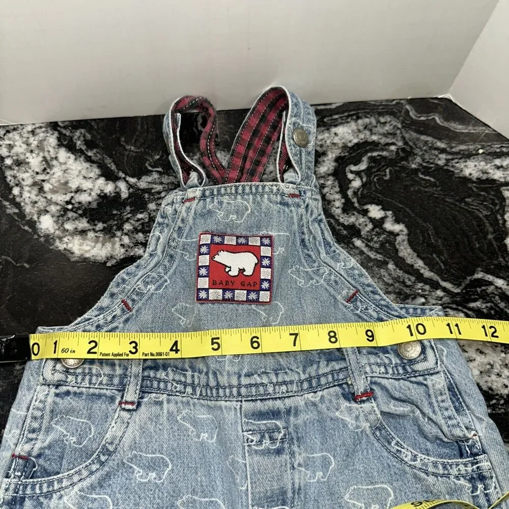 Vintage 90s Baby GAP Polar Bear Denim Overalls USA Made Red Plaid Lined Toddler